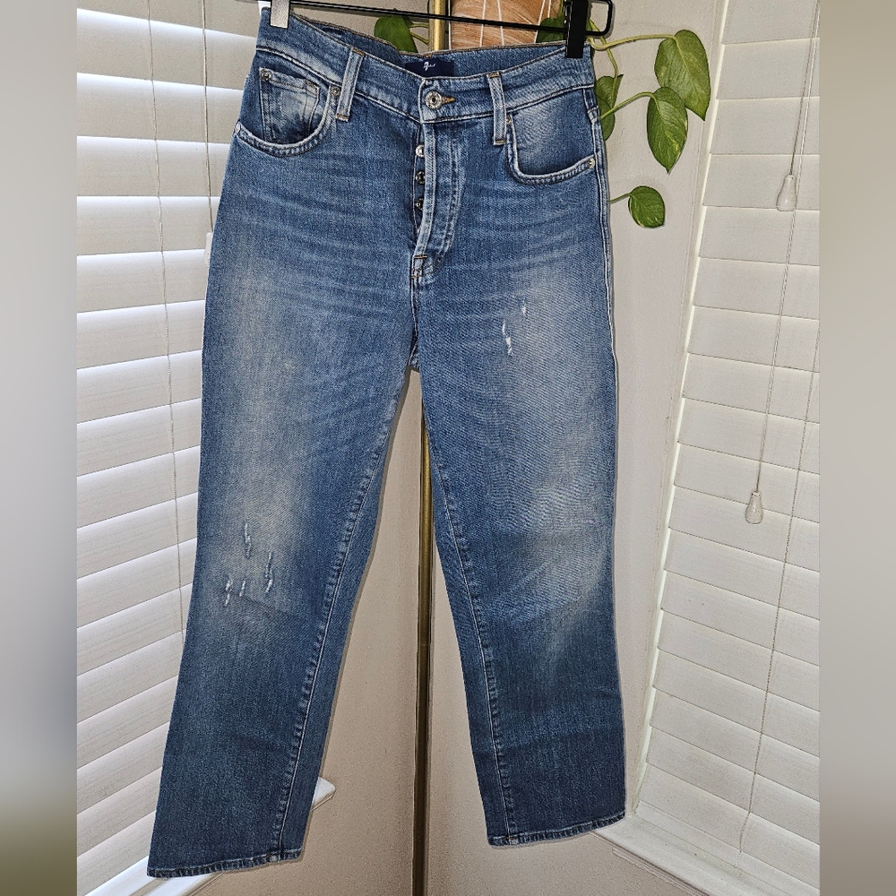 7 For All Mankind High Waist Button Fly Distressed Straight Leg Jeans - 25